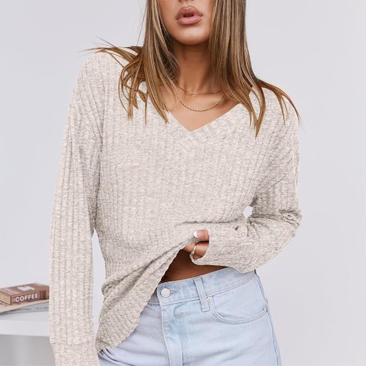 omen's V Neck Long Sleeve Sweater 2